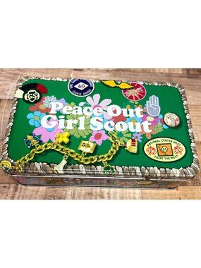 Peace Out Girl Scout Collectible Metal Tin With Vintage Design & Floral Graphics